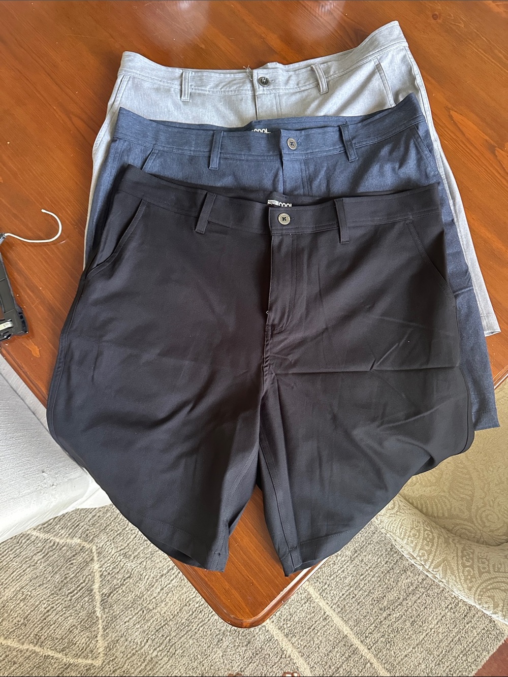 Men's Flat Front Shorts - Black, Navy & Light Gray. Bundle of 3